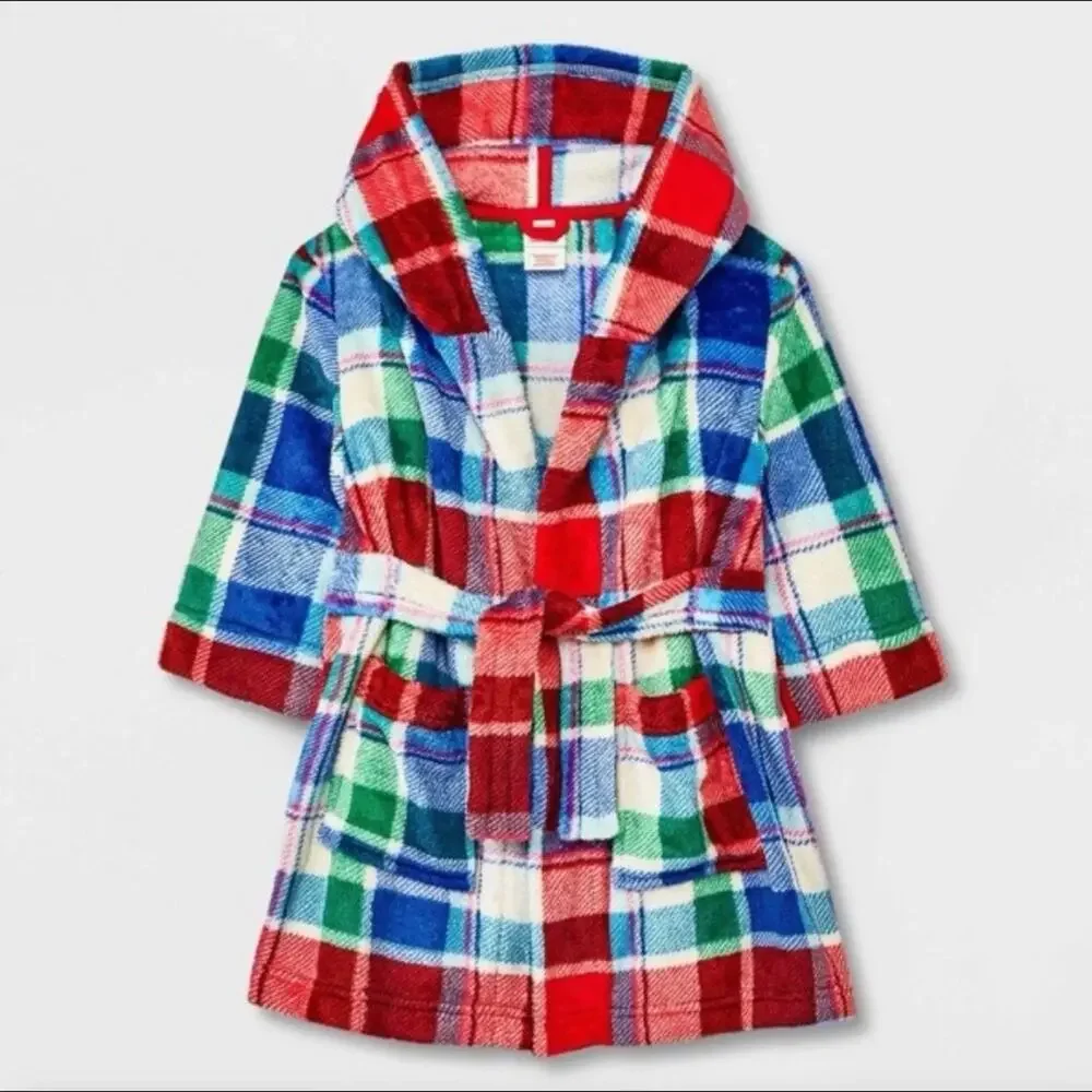 Cat & Jack Plaid Fleece Hooded Robe Tie Waist Pockets Red Green Blue 2t/3t